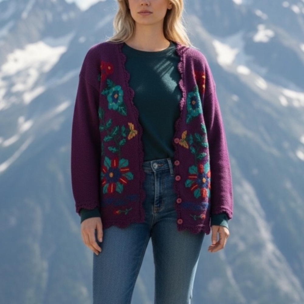International Knitted by hand embroidery eggplant cardigan size L - Picture 5 of 11